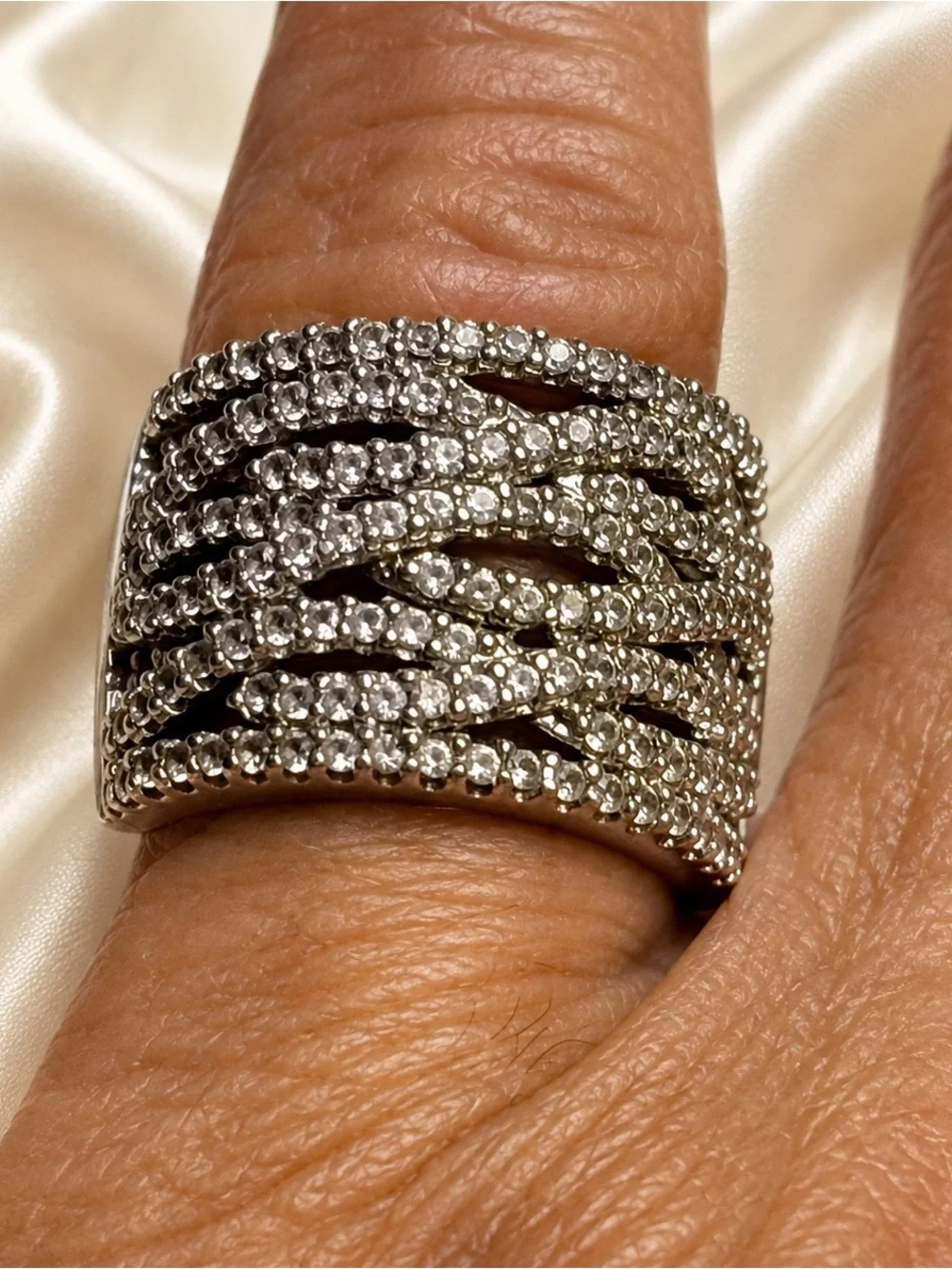 925 Sterling Silver DL Wide Woven Statement Ring Clear Stones Sz 7